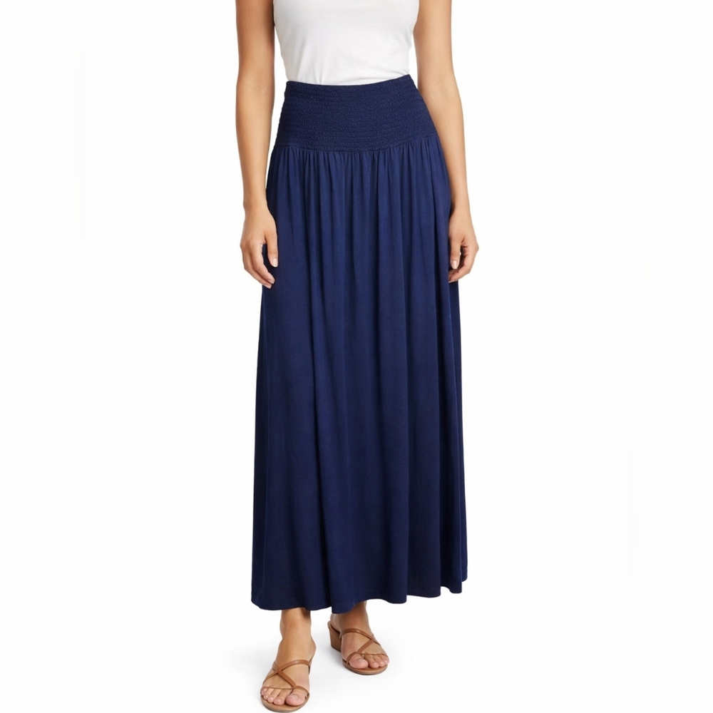 Navy Blue,  Long, Maxi, Flowy Skirt, Ruched Waist, Size Large, Artisan NY